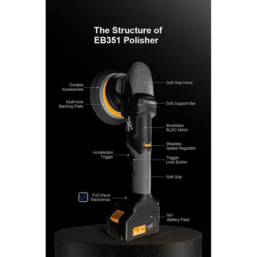 ShineMate EB351 5" 15mm Throw Cordless Polisher Kit - CARZILLA.CA