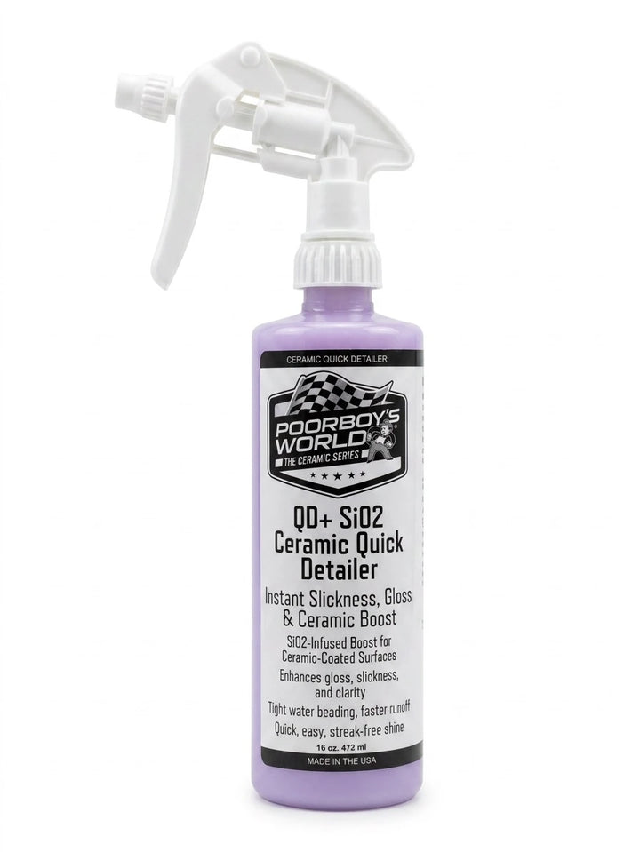 Poorboy's World QD+ SiO2 Ceramic Quick Detailer 16oz purple bottle with sprayer on a white background